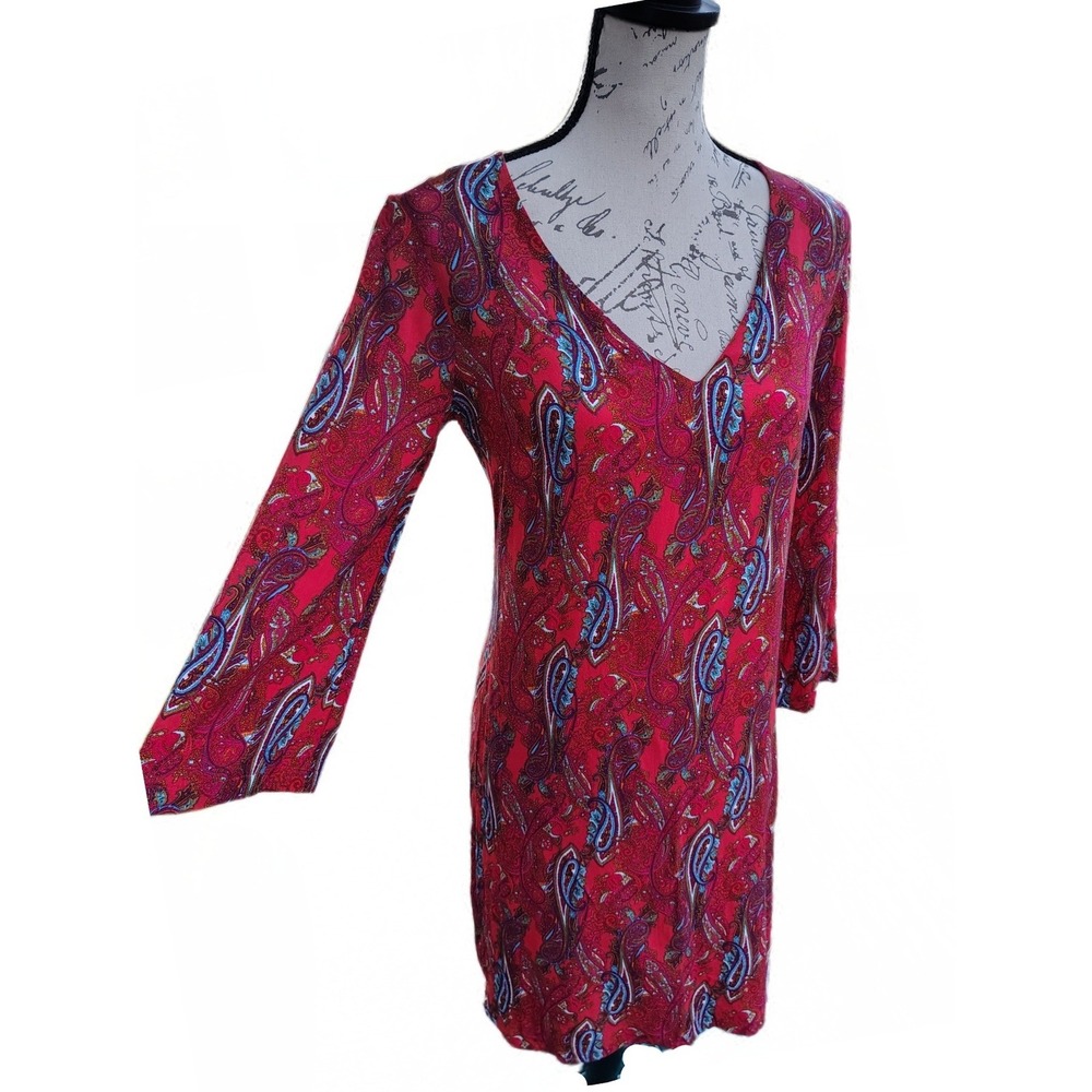 Venus Paisley Retro 70s Mini Shift Dress Tunic Top Flare Sleeve 2 Red Boho